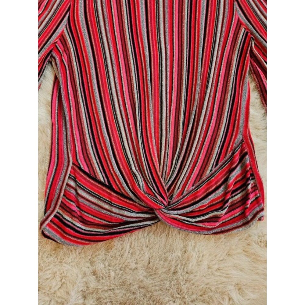 Ruby Rd. Striped Metallic Twist Front Top L | Retro Shimmer Bell Sleeve Blouse - Picture 2 of 6